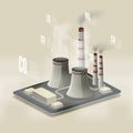 Vector isometric illustration of a plant polluting air. Environmental pollution infographic.