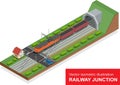 Vector isometric illustration of a railway junction. Railway junction consist of modern high speed train railway tunnel