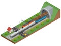 Vector isometric illustration of a railway junction. Railway junction consist of Rail covered wagon, Diesel Locomotive