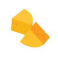Vector isometric illustration. Slices of flat yellow milk cheese with holes. Dairy piece cheddar triangle icon