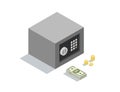 Vector isometric illustration of small money safe with coins end banknotes