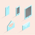 Vector isometric illustrations of phone  mobile tablet  opened and closed envelope. Set of isometric icons. Royalty Free Stock Photo