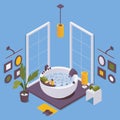 Vector isometric interior scene isolated on blue background with round hot tub bathtub, large windows and personal accessories and