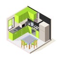 Vector isometric kitchen room. Green modern kitchen furniture. 3