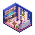 Vector isometric living room interior with people