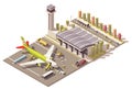 Vector isometric low poly airport terminal building with airplane and Ground Support Equipment Royalty Free Stock Photo