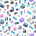 Vector isometric makeup elements pattern. 3d dimension objects of cosmetics and skincare background. Eyeshadow, pallete