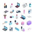 Vector isometric makeup elements set. 3d dimension icons of cosmetics and skincare. Eyshadow, blush pallete, face powder