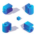 Vector isometric number 5 in various foreshortening, decorated with shadows, drawn in 3d in blue shades