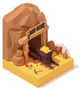 Vector isometric old gold mine and mine cart Royalty Free Stock Photo