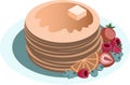 Vector isometric pancakes with assorted berries, blueberries, strawberries, raspberries, honey and butter