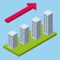 Vector isometric perspective infographic growing city building construction - four gray skyscrapers Royalty Free Stock Photo