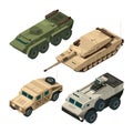 Vector isometric pictures set of different military vehicles isolate on white