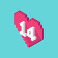 Vector isometric pixel Valentine`s day heart icon with long shadow