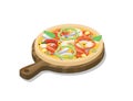 Vector isometric pizza with fish, shrimp, onion, paprika