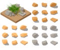 Vector isometric rocks clipart. Stones set in different colors for illustrations isolated on white with semitransparent shadows.
