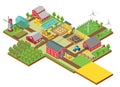 Vector 3d isometric rural farm with mill, garden field, farm animals, trees, tractor combine harvester, house, windmill