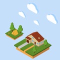 Vector isometric Rural House. Flat style. 3d Isometric camping with tent and bonfire.