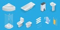 Vector isometric set of bathroom furniture. Jacuzzi, bath, boiler, washbasin, shower, shower, toilet, bidet, dryer Royalty Free Stock Photo