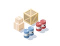 Vector isometric set of different cargo, blue and red oil barrels, carton boxes Royalty Free Stock Photo