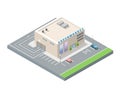 Vector isometric supermarket with car parking.