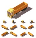 Vector isometric truck with tipper semi-trailer icon set