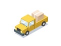 Vector isometric yellow wagon car with boxes, minivan, trucks for cargo.