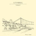 Vector Istanbul, Turkey postcard. Hand drawn travel sketch of the Rumeli Fortress and the Fatih Sultan Mehmet suspension bridge, Royalty Free Stock Photo