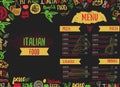 Vector Italian Menu Vector Template, with Various Groceries: Pasta, Vegetables, pizza and Mushrooms and hand drawn