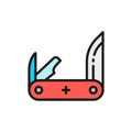 Vector jackknife, pocket knife, multitools flat color line icon.