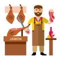 Vector Jamon Butcher Shop. Flat style colorful Cartoon illustration. Royalty Free Stock Photo