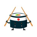 Vector japan ninja sushi with chinese sticks flat design cartoon character illustration. Sushi roll Isolated on white Royalty Free Stock Photo