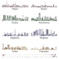 Vector japanese city skylines in bright color palettes Royalty Free Stock Photo