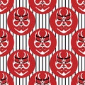 Vector Japanese drama Kabuki face seamless pattern background. Black and white theatre mask in red circles on striped