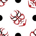 Vector Japanese drama Kabuki face seamless pattern background. Red and black theatre mask and circles on white backdrop