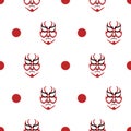 Vector Japanese drama Kabuki face seamless pattern background. Red and black theatre mask and dots on white backdrop