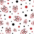 Vector Japanese drama Kabuki face seamless pattern background. Red and black theatre masks and circles on white backdrop Royalty Free Stock Photo