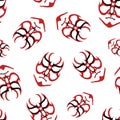 Vector Japanese drama Kabuki face seamless pattern background. Red and black theatre masks scattered on white backdrop Royalty Free Stock Photo