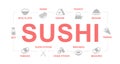 Vector japanese food and sushi colored icons. Illustration for presentations on white background. Soy, sauce, roll
