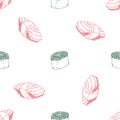 Sushi, rolls seamless pattern. Vector japanese food sushi seamless pattern. Hand drawn sushi rolls Royalty Free Stock Photo