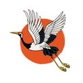 Japanese Heron Bird Flying over the Red Sun Royalty Free Stock Photo