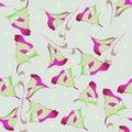 Vector japanese tulips, seamless pattern, pastel colors pallet , fuchsia, green, light green, dark red, plain light grah