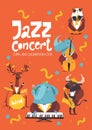 Jazz music poster design with cartoon animals playing music instruments Royalty Free Stock Photo