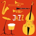 Vector jazz poster with musical instruments in flat retro style. Royalty Free Stock Photo