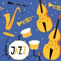 Vector jazz seamless pattern in flat vintage style