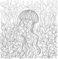 Vector jellyfish, medusa in zentangle style. Hand drawn Sea animal in water among seaweed for adult antistress coloring page book