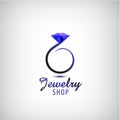 Vector jewelry logo design template. Circle ring with blue stone, crystal.