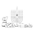 Vector Jewish Hanukkah symbols black and white graphic illustration with menorah, candles, donuts, jug of olive oil