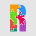 Vector jigsaw font colour puzzle piece letter - R. Royalty Free Stock Photo