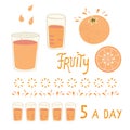 Vector juicy orange citrus fruit whole and slice with glass